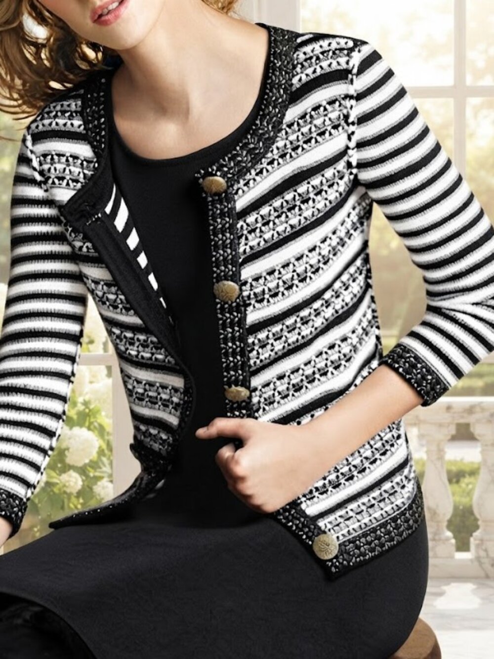 St. John Striped 3/4 Sleeve Silk Blend Women's Sweater Cardigan Size 12